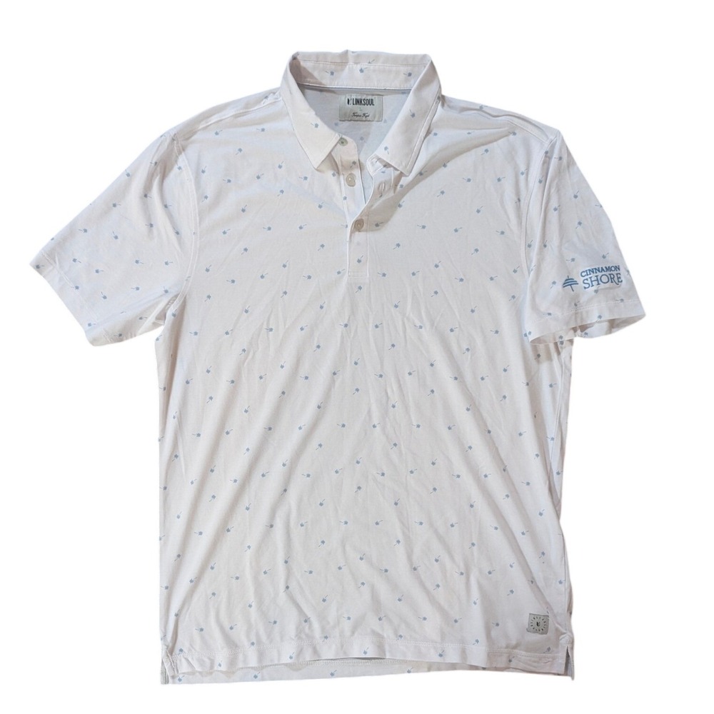 Linksoul Polo Mens L White Palm Tree‎ Tempus Fugit Cinnamon Shore Golf Shirt